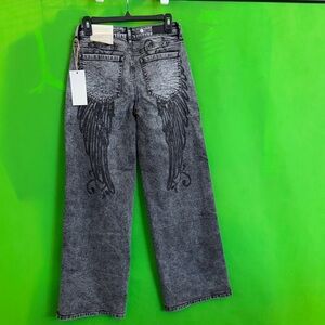 Women's Black Acid-Wash Jeans with Embroidered Wing Detail